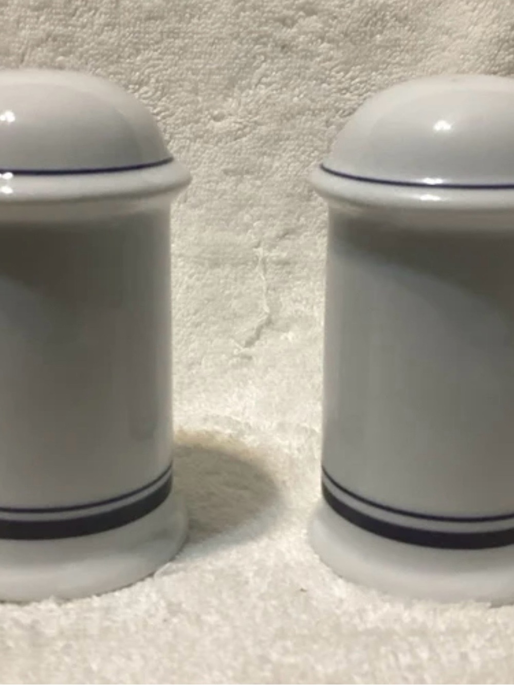Dansk White Ceramic Shakers with Blue Trim